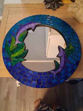 Dolphin mosaic round mirror home decor coastal nautical 16"